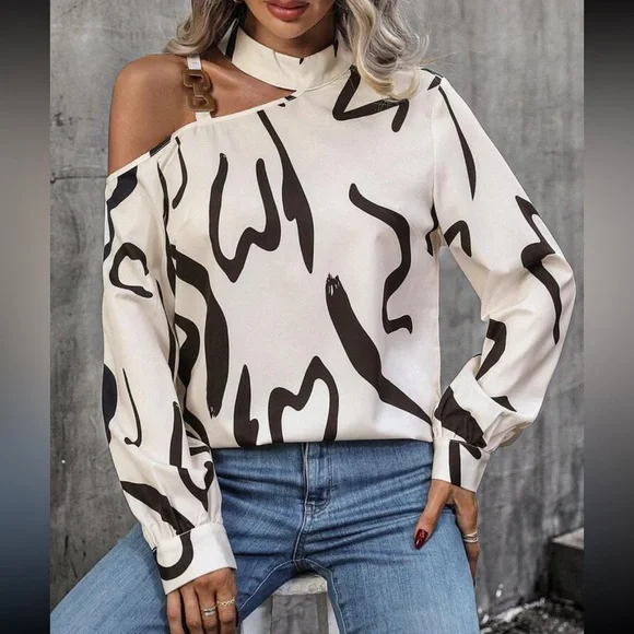 Elegant Off Cold Shoulder Asymmetrical Neck Long Sleeve Top Blouse Shirt - Picture 4 of 6